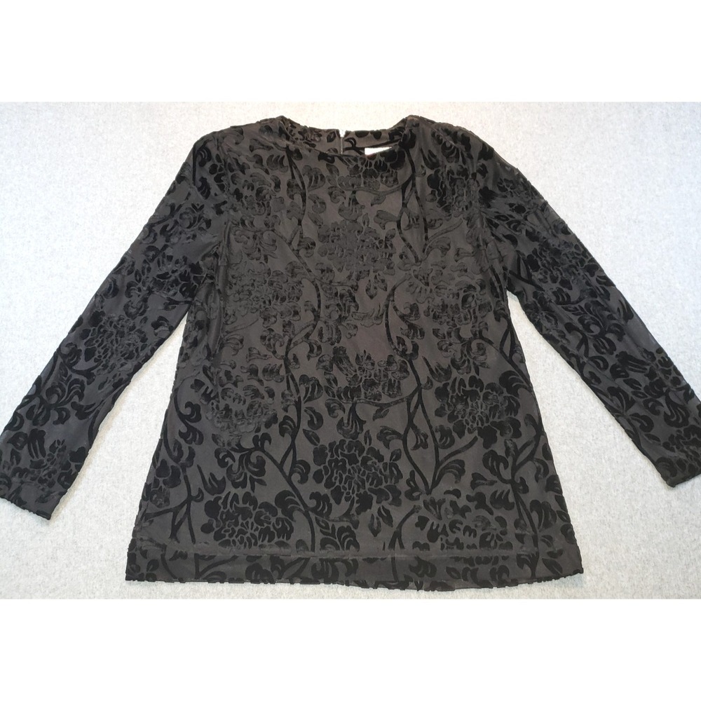 Vintage Caron Velvet‎ Embossed Top Blouse Womens Black Sz 14 Lined Sheer Sleeves
